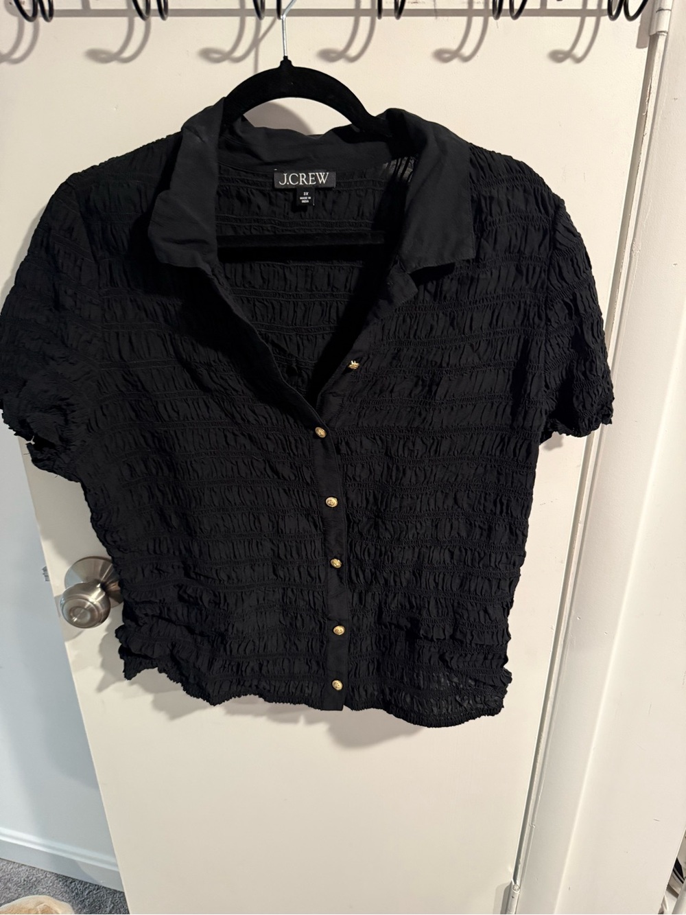3x jCrew Black Textured Button-Up Short Sleeve Top with gold buttons